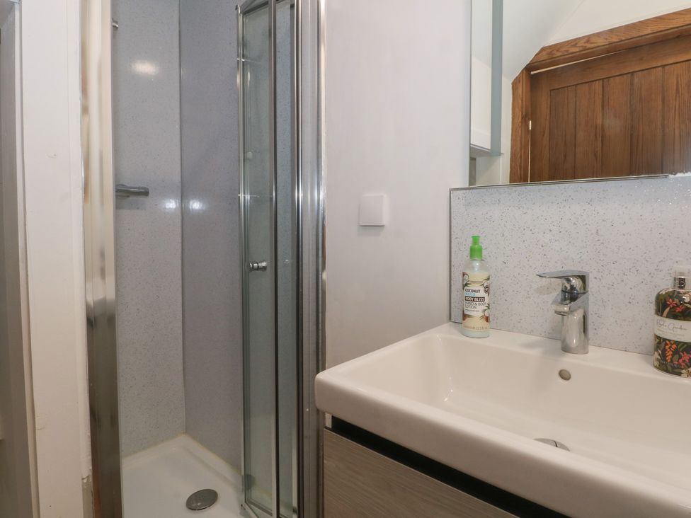 A bathroom with a shower and sink at Diamond Lodge Ingestre near Great Haywood