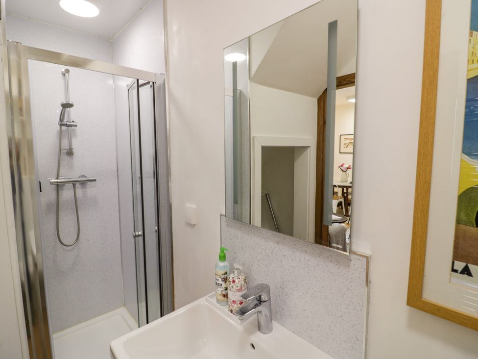 A bathroom with a shower and sink at Diamond Lodge Ingestre near Great Haywood
