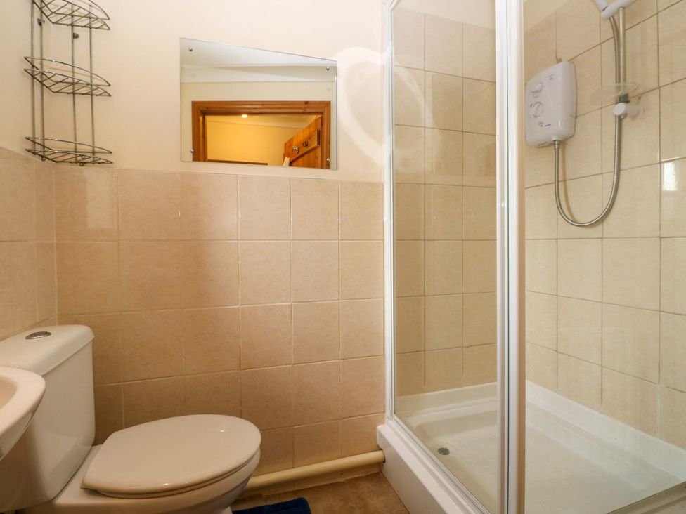 A bathroom with a shower and toilet at The Stall Penuel near Llanmorlais