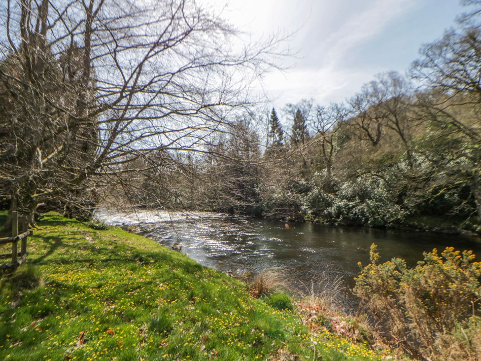 A river with grass and trees at Riverside Cottage in Llanwrthwl near Rhayader