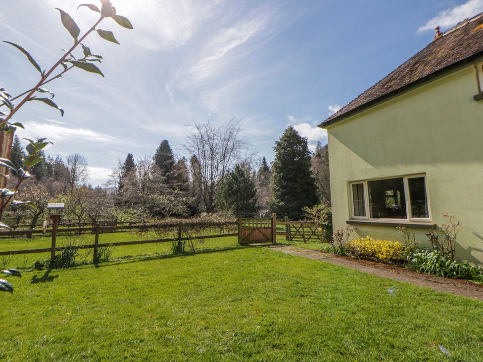 A garden with grass, a gate, and trees at Gardener's Cottage in Llanwrthwl near Rhayader