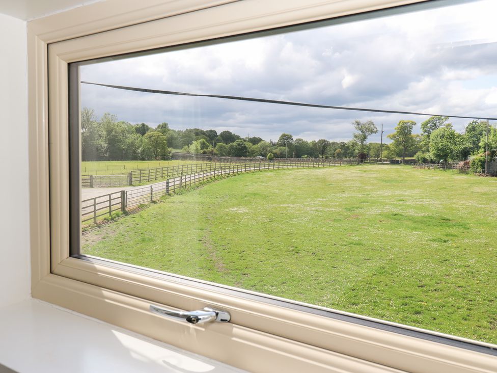 A view from a window showing a grassy field and surrounding trees at Bullace Barn in Millhouse Green
