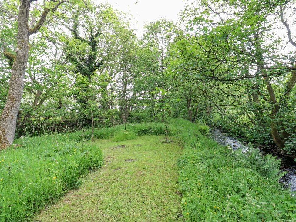 A garden area with trees and a small stream at Bullace Barn in Millhouse Green