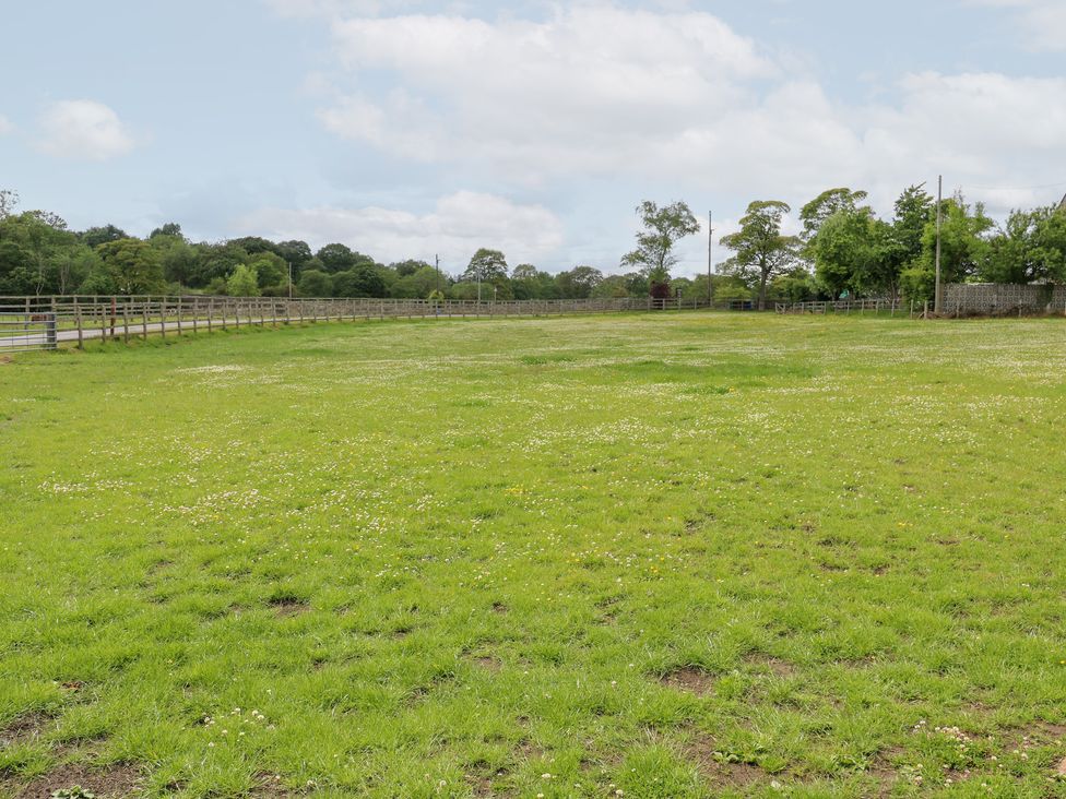 A field with grass and a wooden fence at Bullace Barn in Millhouse Green