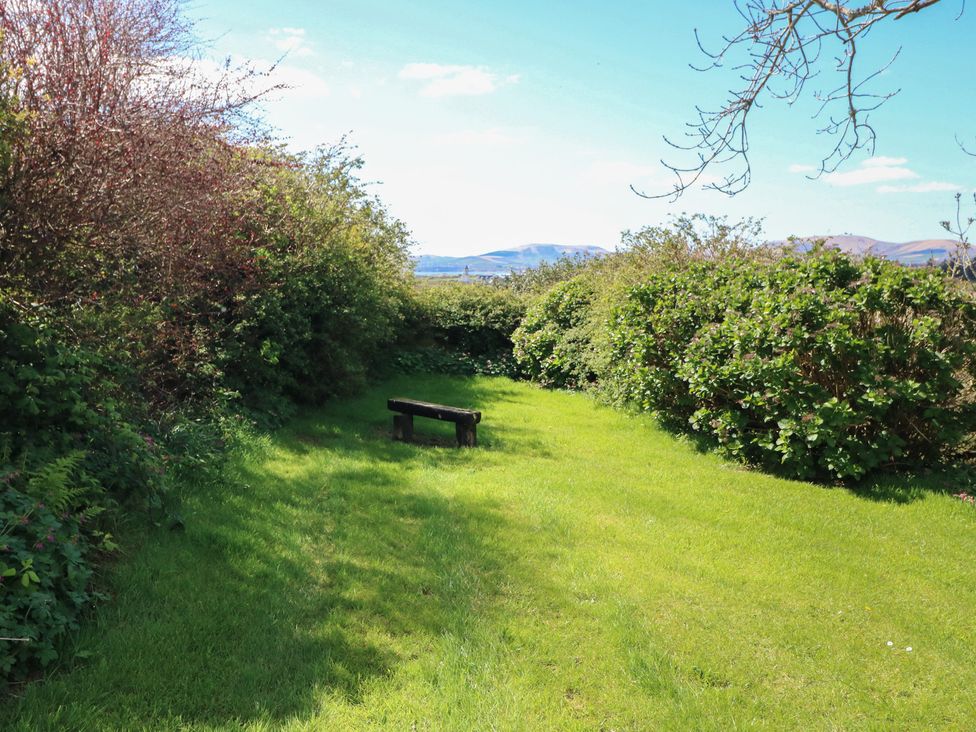 A garden area with a bench surrounded by bushes and grass at Fuschia Cottage in Waterville, County Kerry