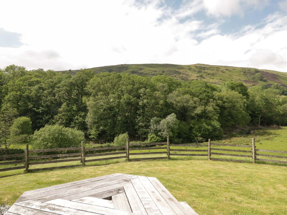 A garden area with a wooden fence and trees at Copper Beech Cottage in Torver