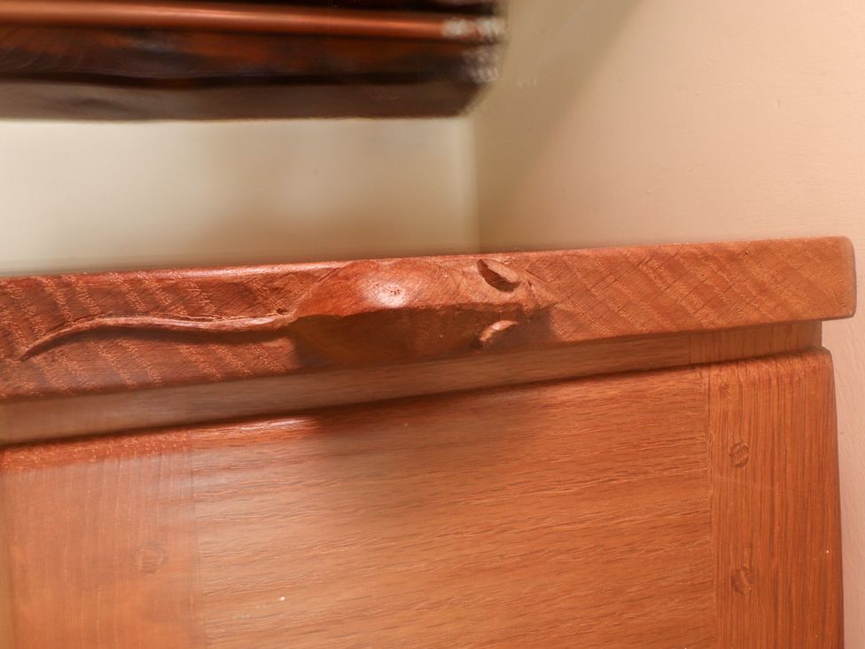 A wooden drawer with a carved mouse at Sandywood, Burnsall near Grassington