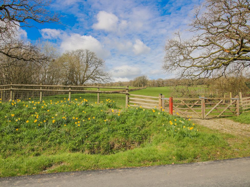 A field with flowers and a wooden gate at Trooper's Barn in Westhope