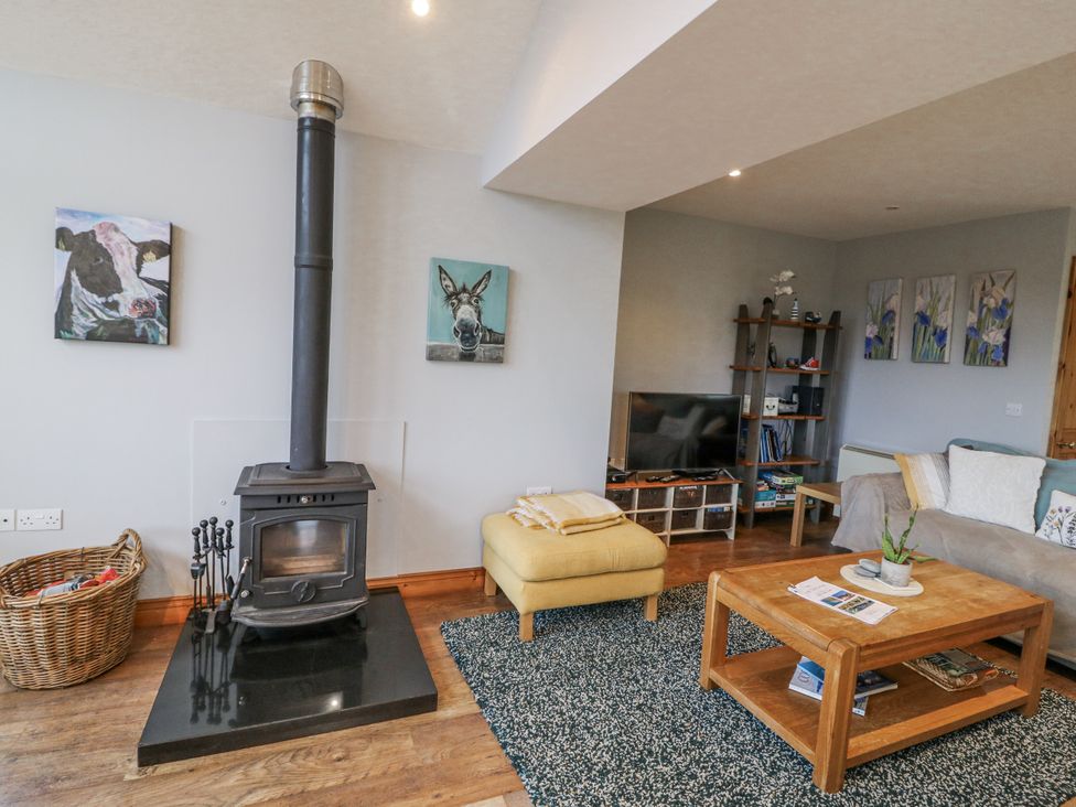 A living room with a wood stove and seating area at Lough Cluhir Cottage in Union Hall, County Cork