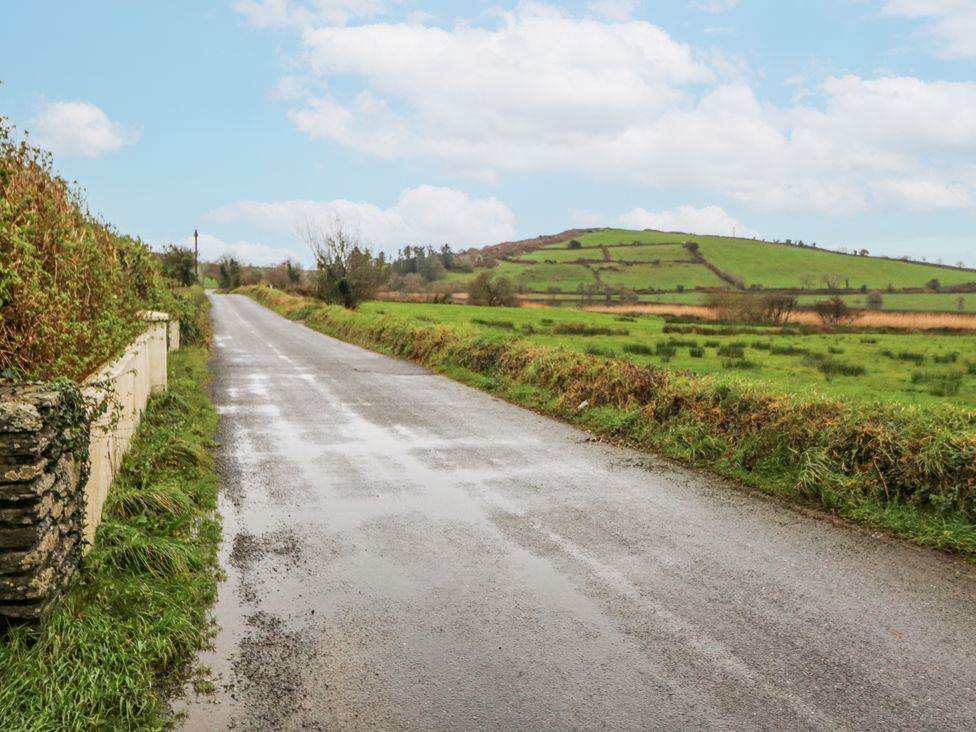 A countryside road with a hedge and hills at Lough Cluhir Cottage in Union Hall, County Cork