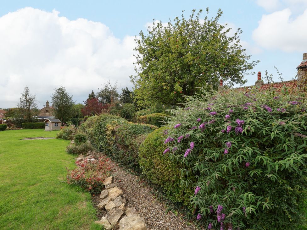 A garden with grass, tree, bushes, and a garden shed at The Lodge Snainton near Scarborough