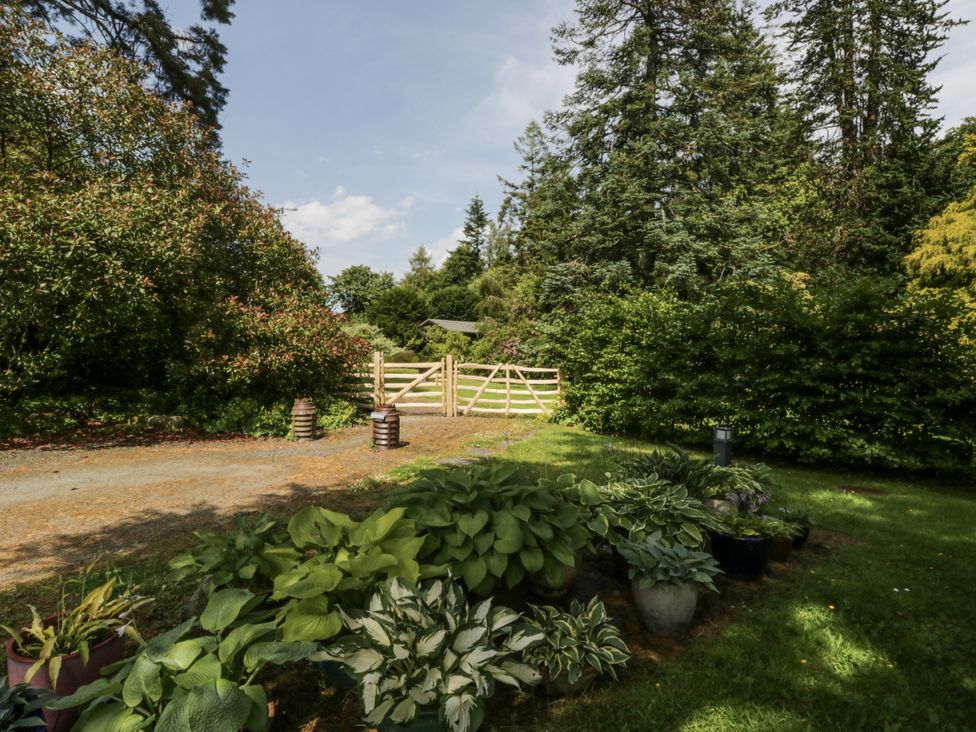 A garden with a gate and plant pots at Grasmere in Spark Bridge near Greenodd