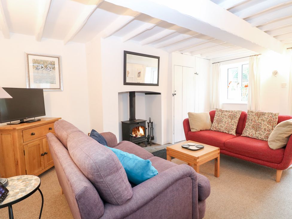 A living room with a fireplace and a television at Broom Cottage in East Rudham near Fakenham