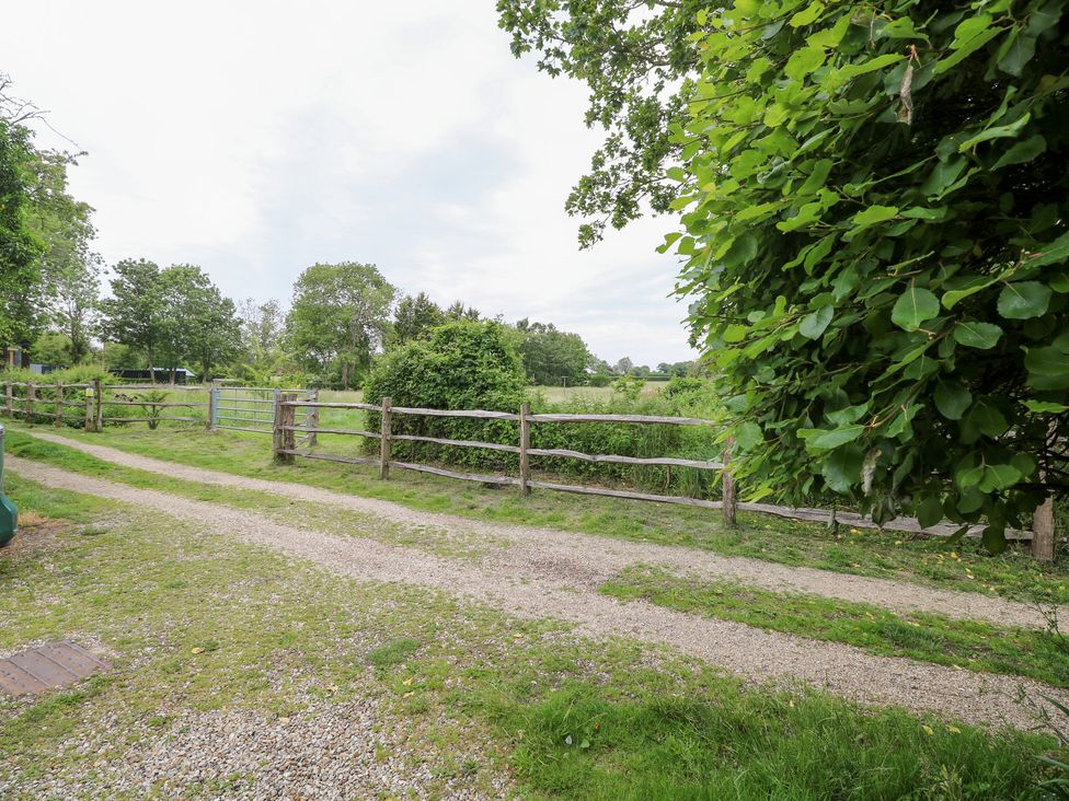 A gravel path leading through a fenced area with trees at Broom Cottage East Rudham near Fakenham
