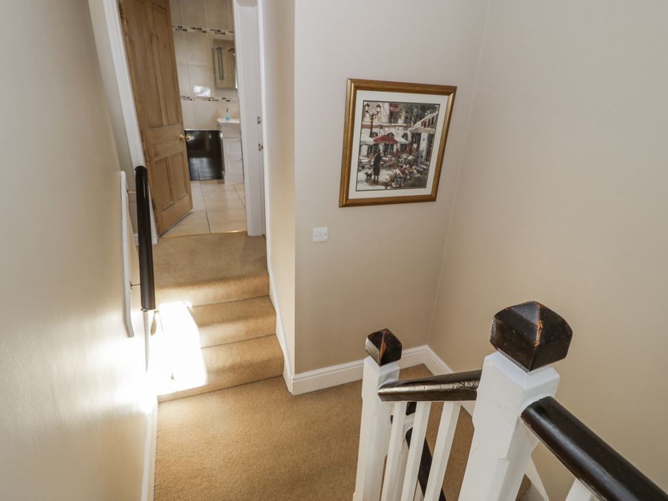 A staircase and a door leading to a bathroom at Tyddyn Goronwy in Talybont