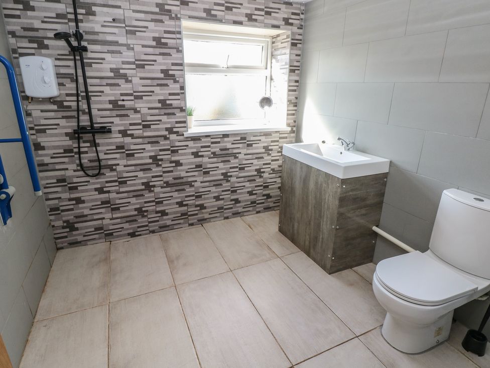 A bathroom with shower sink and toilet at Meadow View in Laugharne