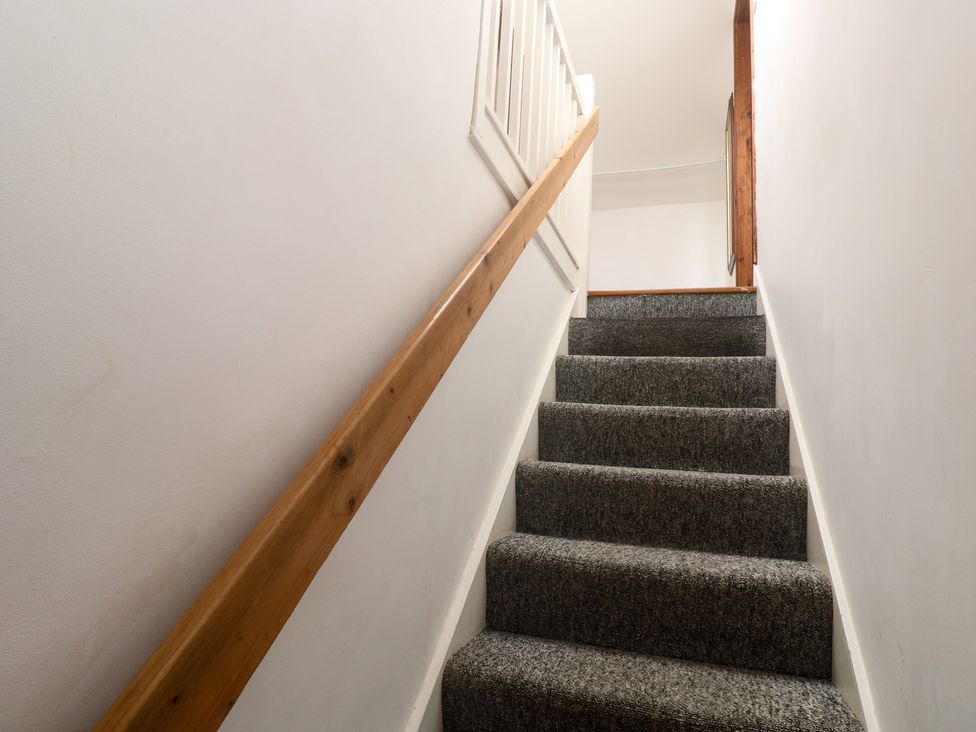 A staircase with carpeted steps and a wooden handrail at Longhouse, St Keverne, Lizard Peninsula