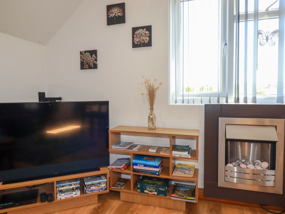 A living room corner with a television on a wooden stand beside a wooden shelf with books and a vase near a window and a modern fireplace at Sunnyvale in Bugle near St Austell