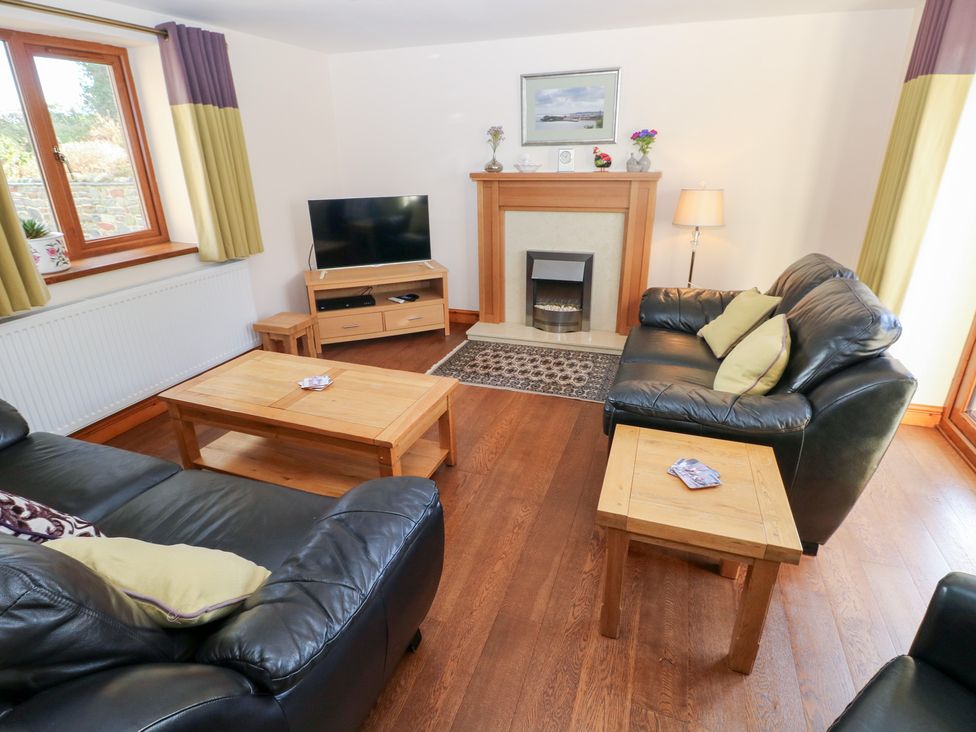 A living room with a television and fireplace at Bwthyn Trecoed, St. Clears near Carmarthen