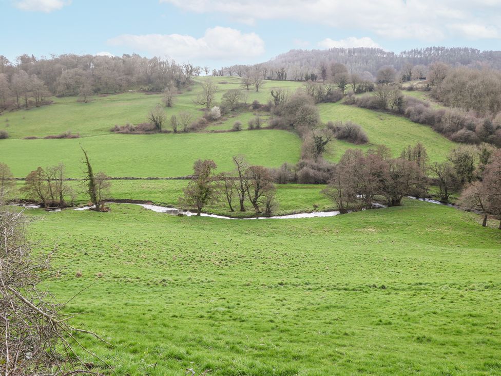 A landscape view of green fields and trees at Little Mill 