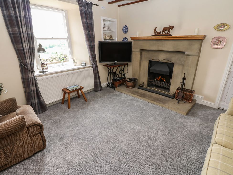 A living room with a television and fireplace at High Smarber in Low Row near Reeth