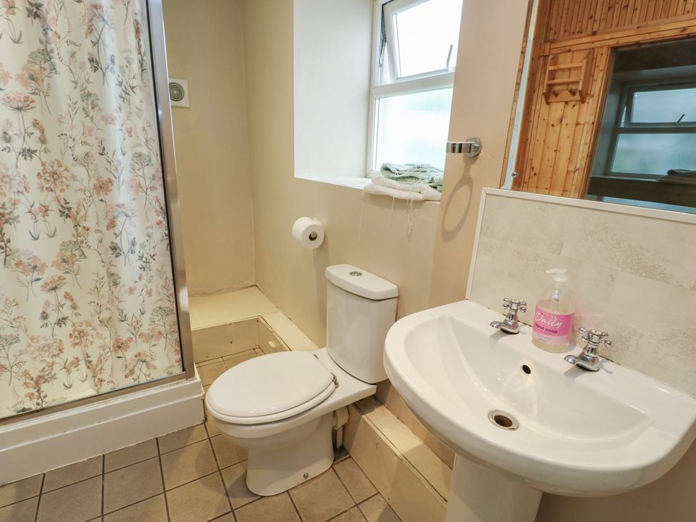 A bathroom with a shower, toilet, and sink at Halford Hill in Llanberis