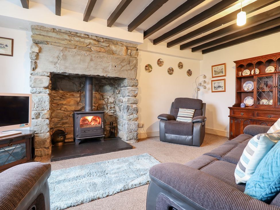 A living room with a fireplace and furniture at Bryn Re in Trawsfynydd near Llan Ffestiniog and Dolgellau