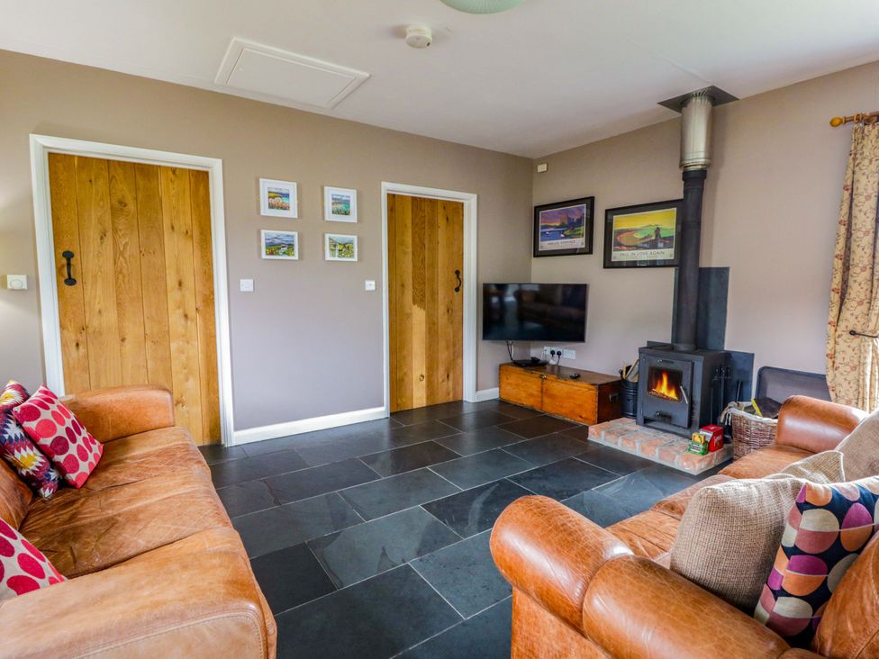 A living room with a fireplace and television at Blaenffynnon Bach in Trelech near Crymych