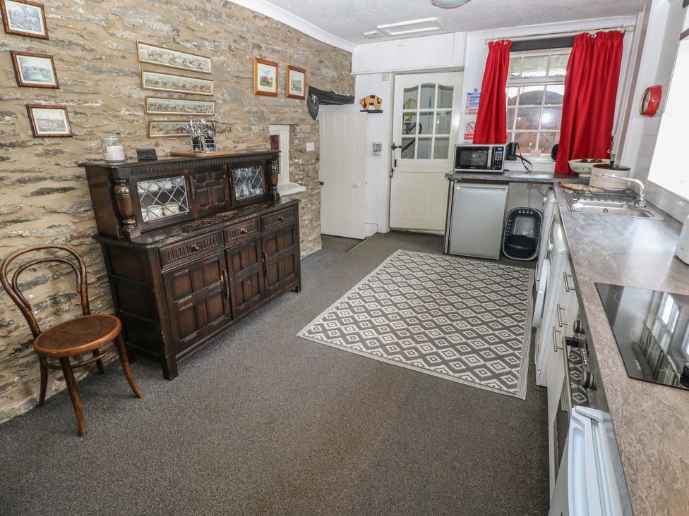 A kitchen with a stove, microwave, and kitchen cabinet at Maesgwyn in Bridell near Cardigan