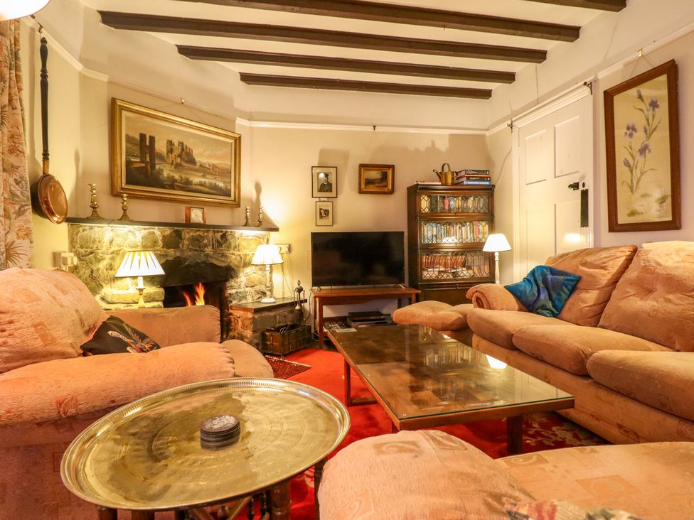 A living room with a television and a fireplace at Murmur Y Don in Harlech