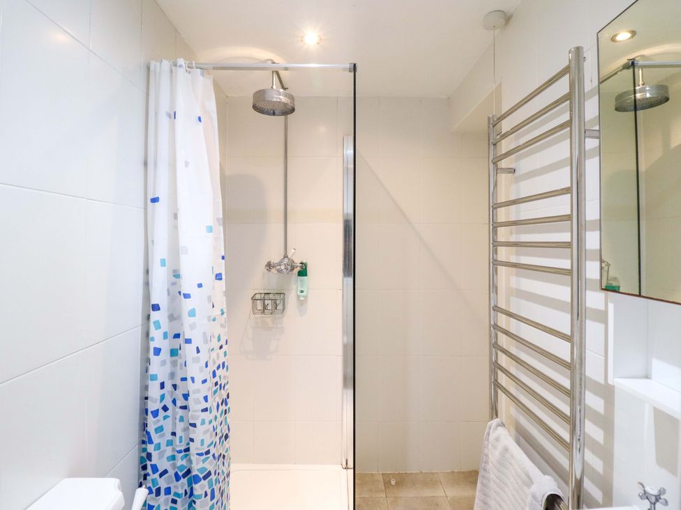 A bathroom with a shower and a towel rack at Murmur Y Don in Harlech