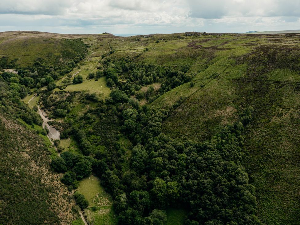 An aerial view of hills and forests at The Wilderness in Stiperstones