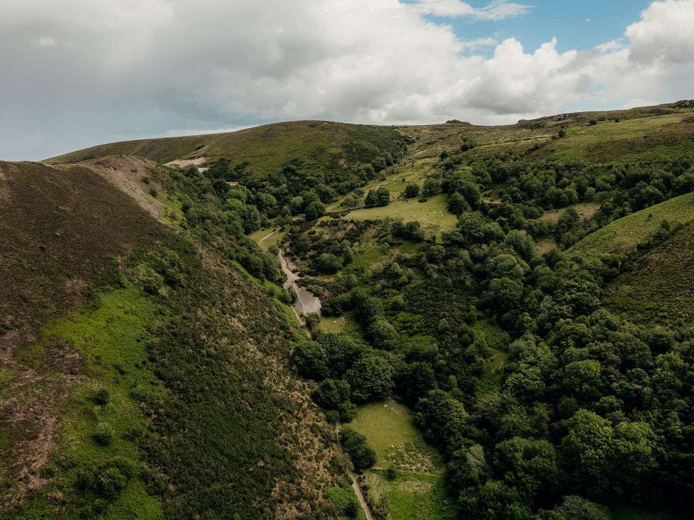 A landscape view of hills and trees at The Wilderness in Stiperstones