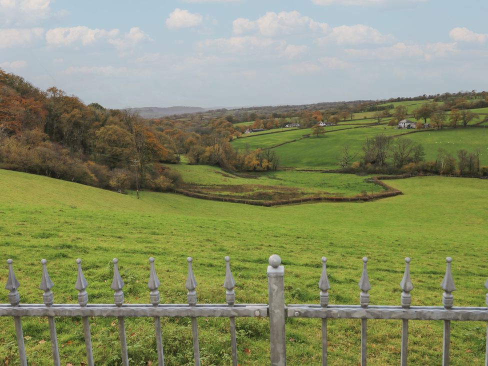 A landscape view featuring a grass field and trees at Bwthyn-y-Rhiw Penybanc near Llandeilo