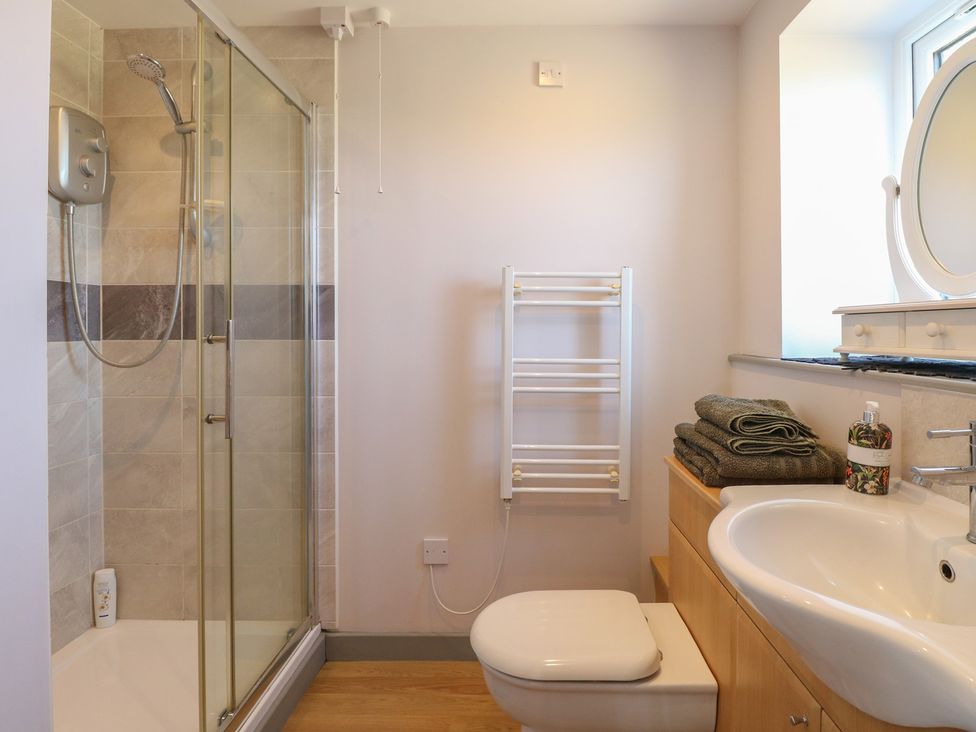 A bathroom with a shower, toilet, sink, and towel rail at Snowy Owl Barn in Shipdham