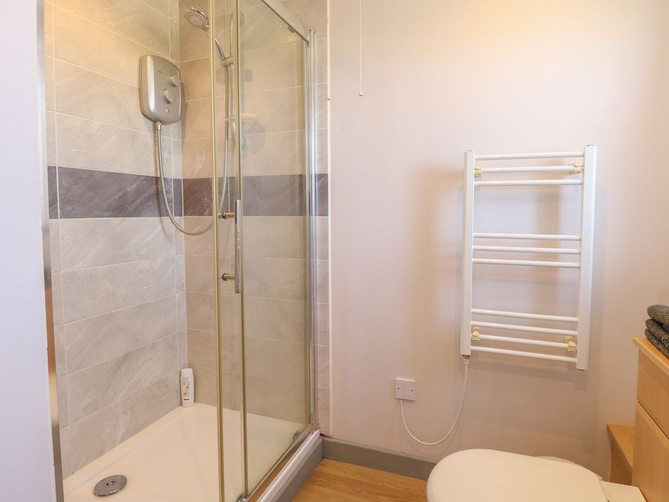 A bathroom with a shower and toilet at Snowy Owl Barn in Shipdham