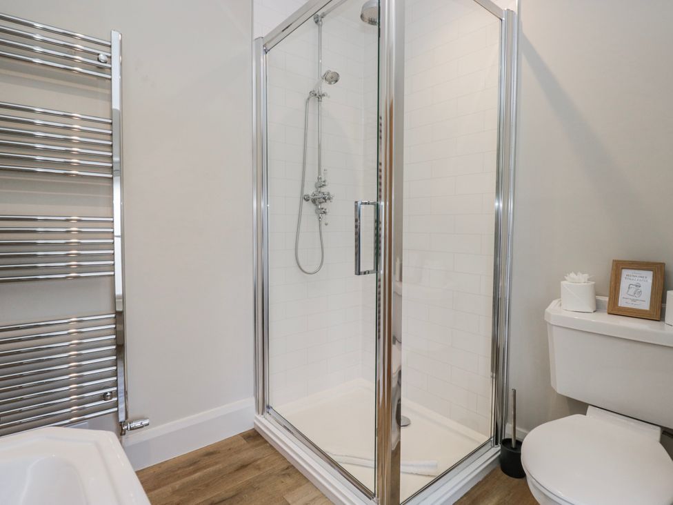 A bathroom with a shower and toilet at Jubilee in Graythwaite near Hawkshead