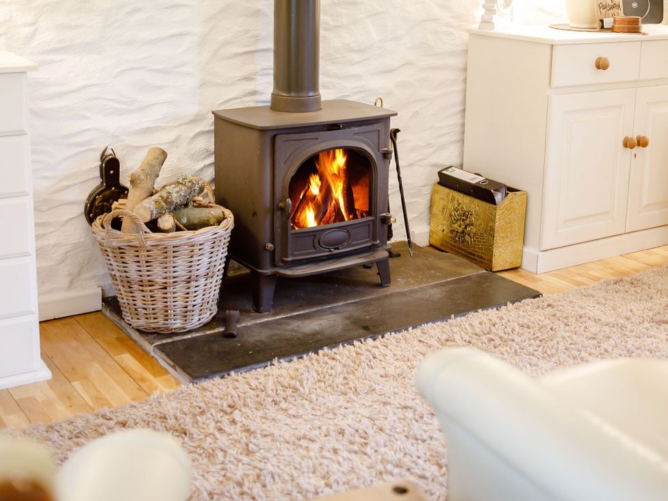 A wood stove with logs in a basket at Wagtail Cottage in East Taphouse