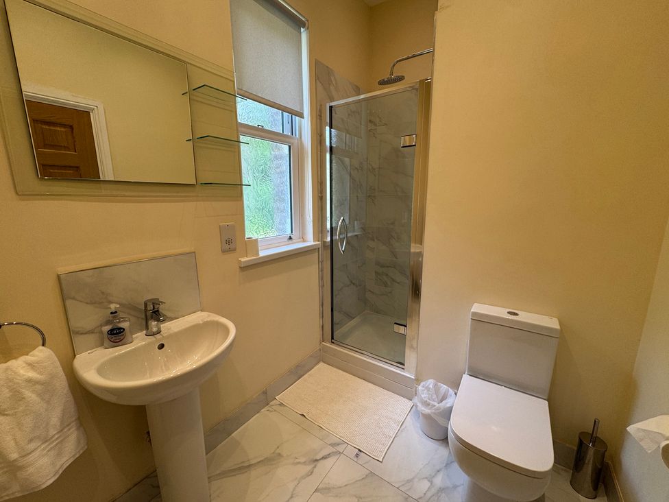A bathroom with a sink, toilet, and shower at Plas Glyndwr in Crickhowell