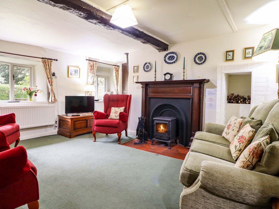 A living room with a fireplace and television at Penymaes Bronygarth near Chirk