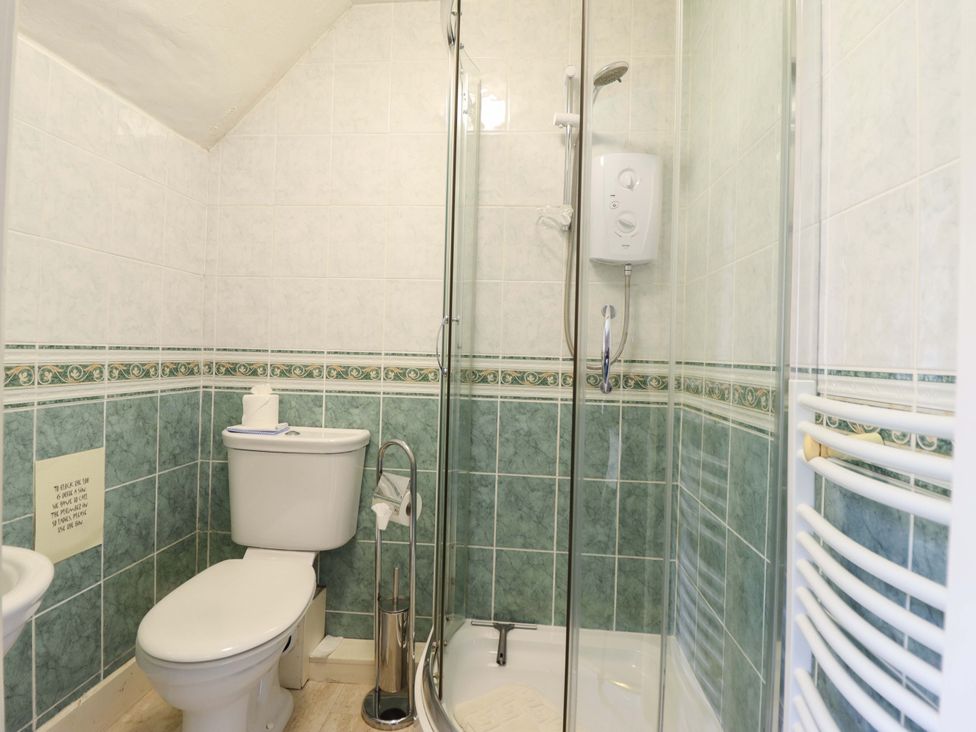 A bathroom with a toilet, shower, and towel radiator at Penymaes Bronygarth near Chirk