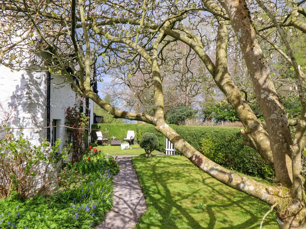 A garden with trees and seating areas at Penymaes Bronygarth near Chirk