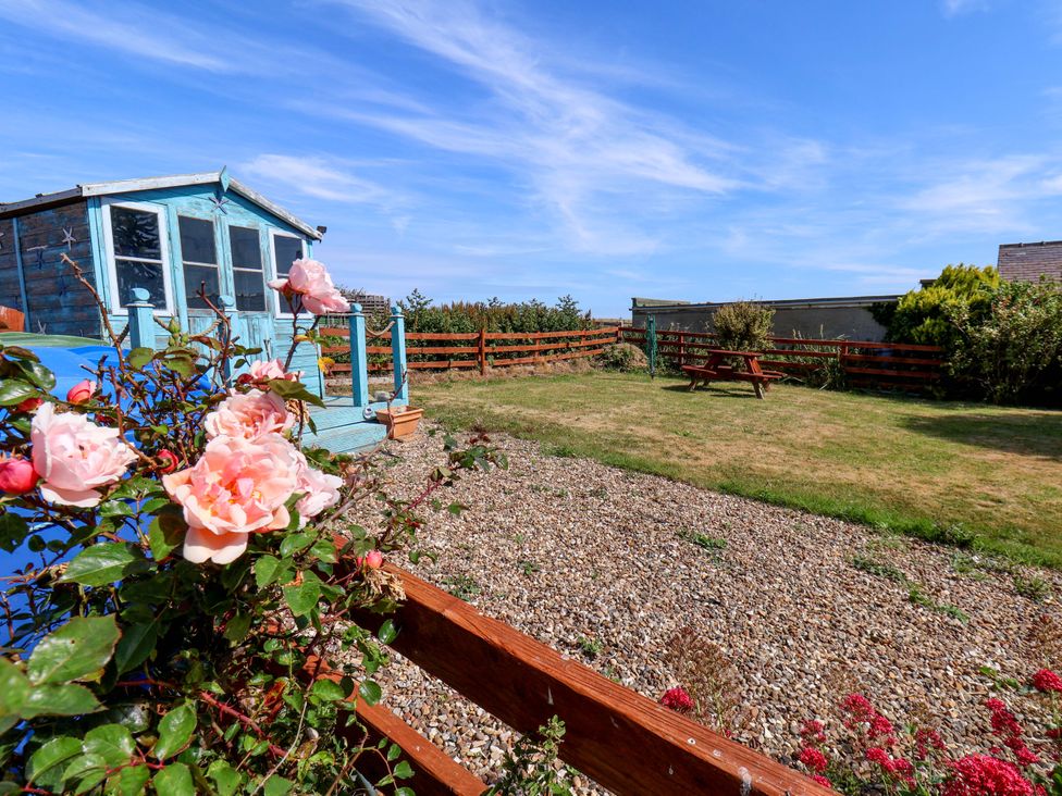 A garden with a shed and picnic table at 4 Cliff Cottages Port Mulgrave near Staithes