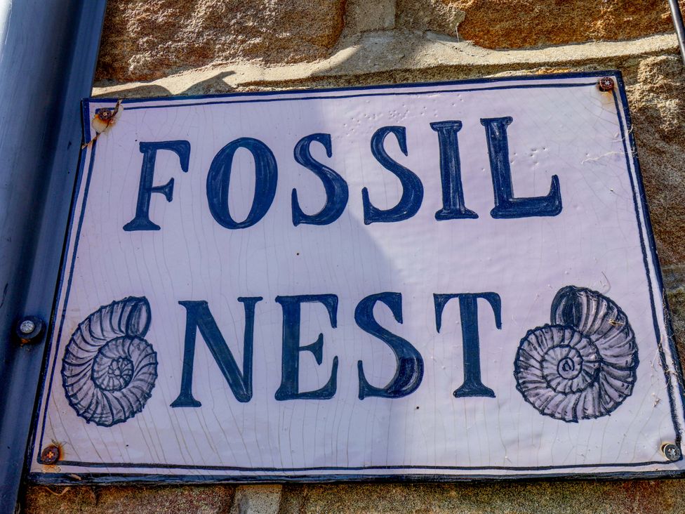 A sign with text Fossil Nest featuring shell designs on stone wall at 4 Cliff Cottages Port Mulgrave near Staithes