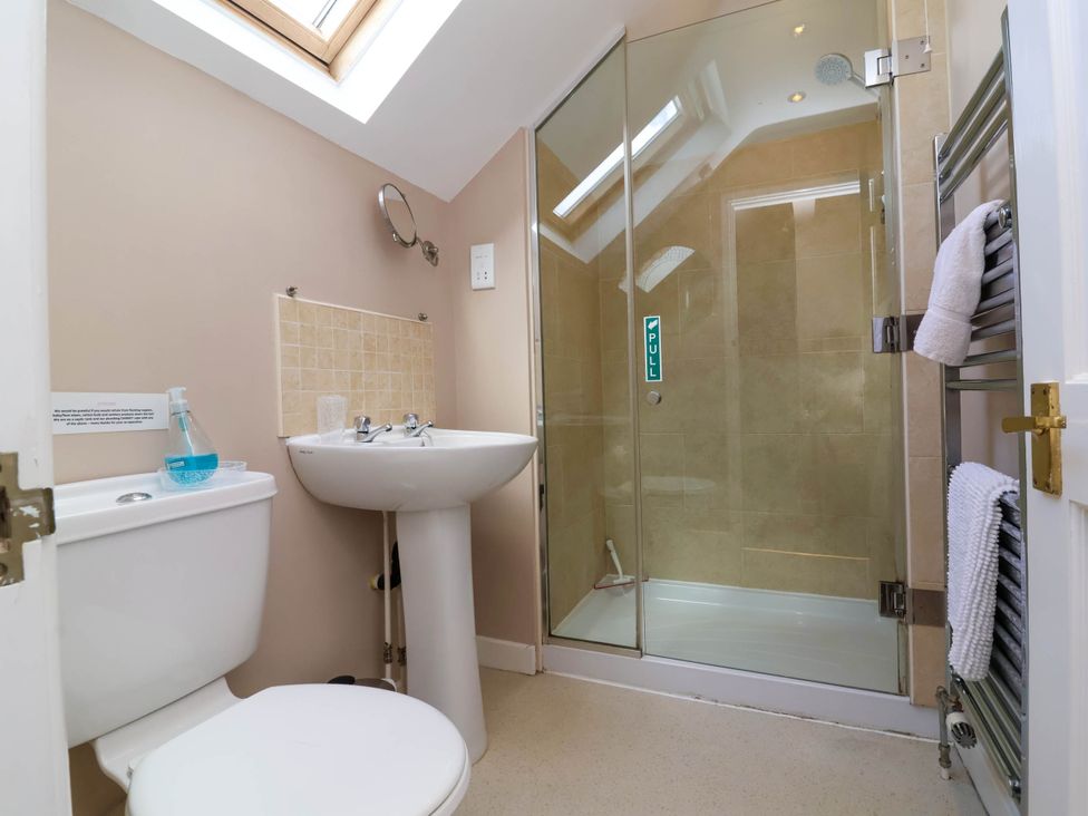 A bathroom with a shower, sink, and toilet at Old Chapel in Clovelly