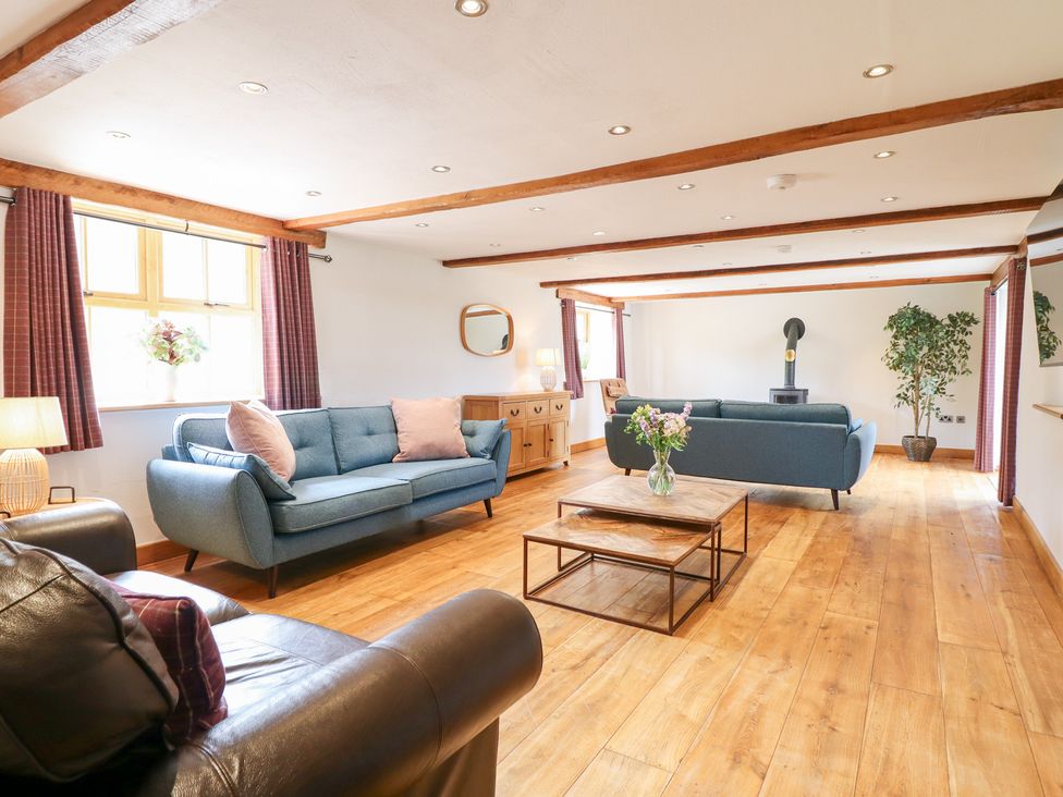 A living room with sofas, a table, and a plant at Ty Gwyn in Llangwm near Bala