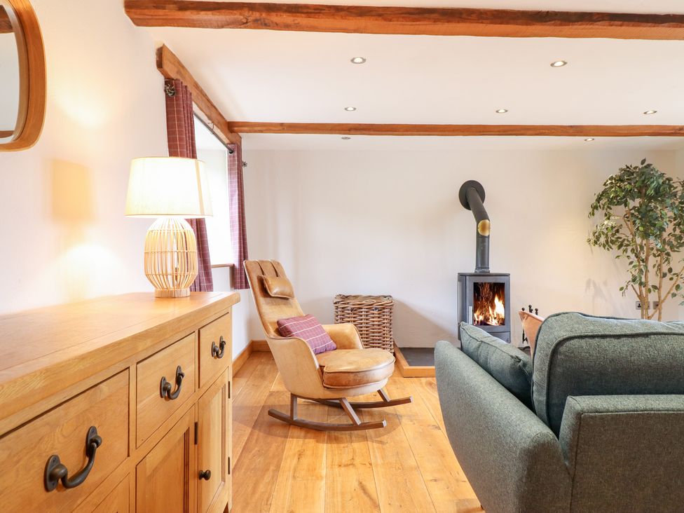 A living room featuring a rocking chair and a wood stove at Ty Gwyn Llangwm near Bala