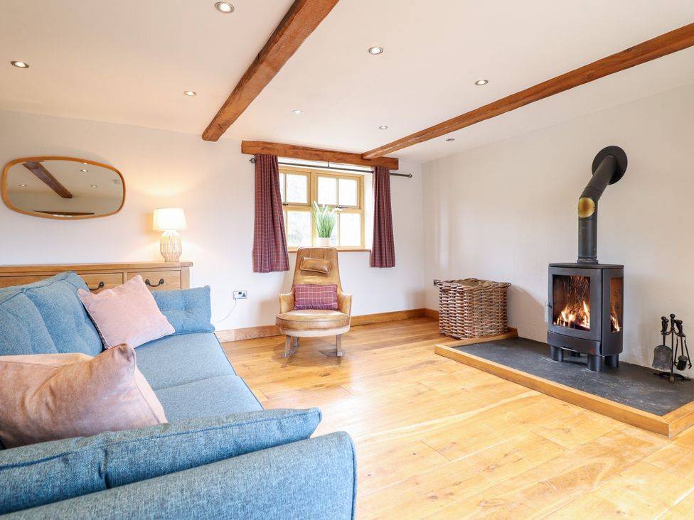 A living room with a sofa and fireplace at Ty Gwyn in Llangwm near Bala