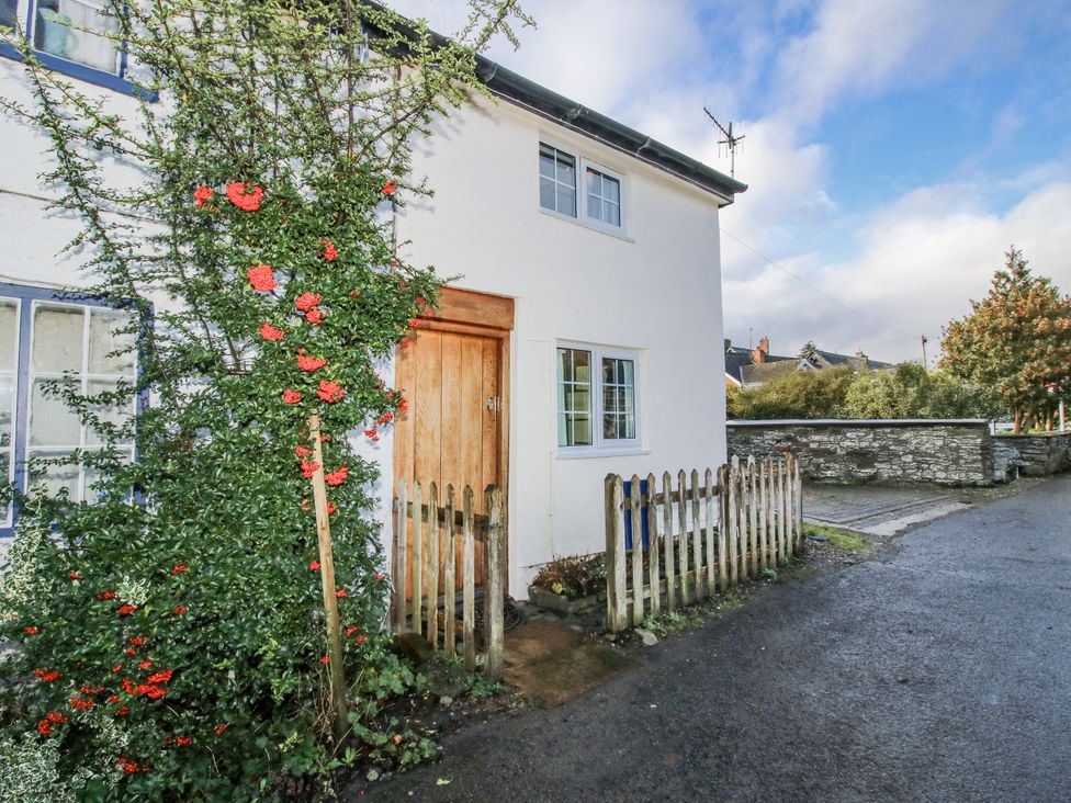 A house entrance with a wooden door and plants at Marigold Cottage Clun near Bishop's Castle