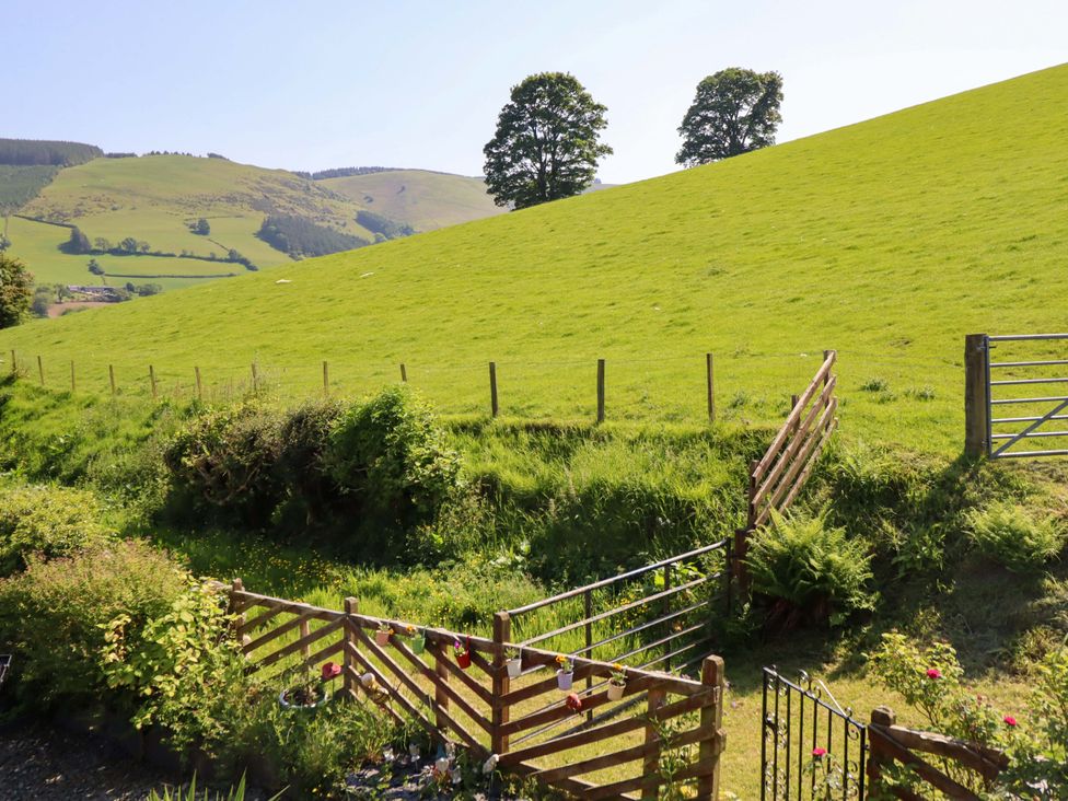 A view of a green hill with trees and a wooden gate near Peniarth in Penybontfawr near Oswestry